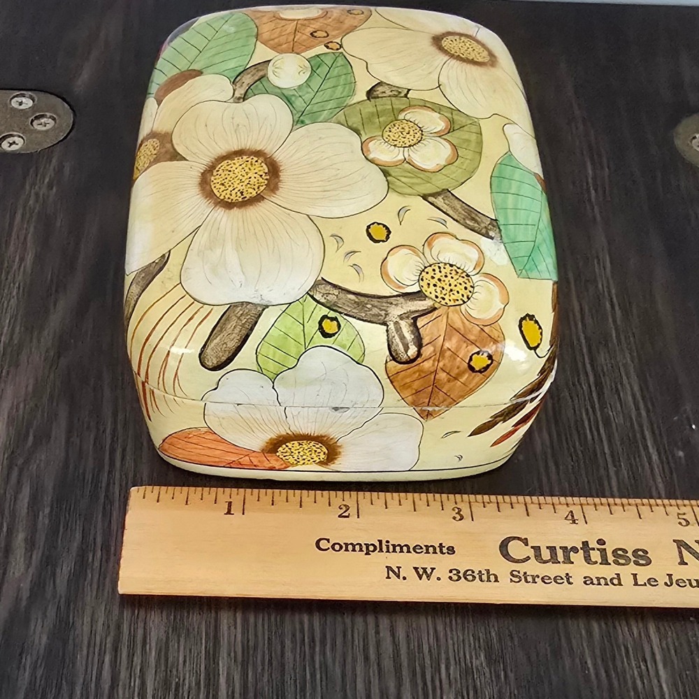 Vtg 70s Fetco Trinket Box Beige Floral Lacquered Paper Mache Cottagecore - Picture 8 of 9